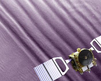 La sonda Venus Express, sobre una imagen real de las ondas atmosféricas de Venus.