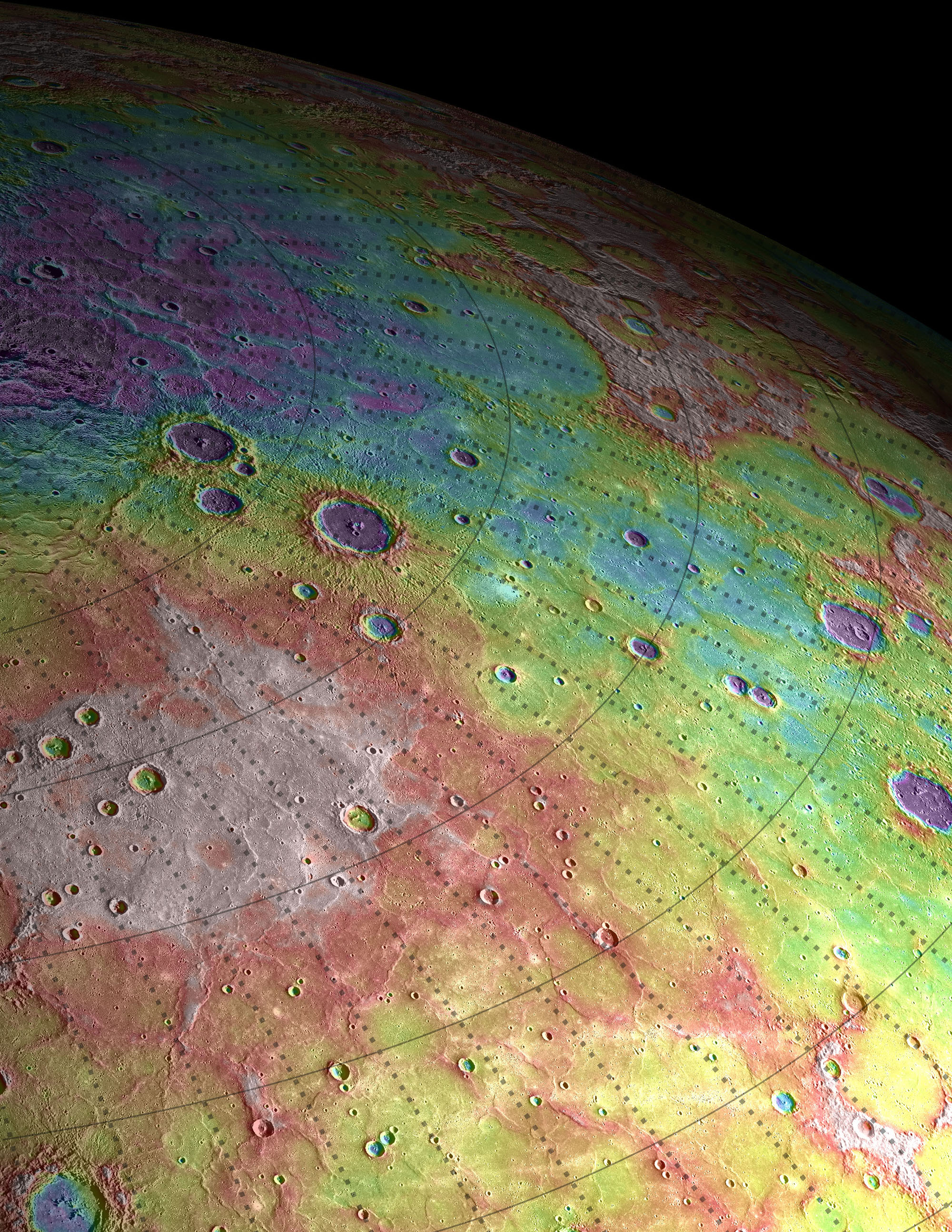 Imagen obtenida por Messenger de una región volcánica en Mercurio (el blanco indica regiones altas y el violeta bajas, en un rango de 2,3 kilómetros). NASA/JHUAPL/CIW-DTM/GSFC/MIT/Brown University. James Dickson y Jim Head.