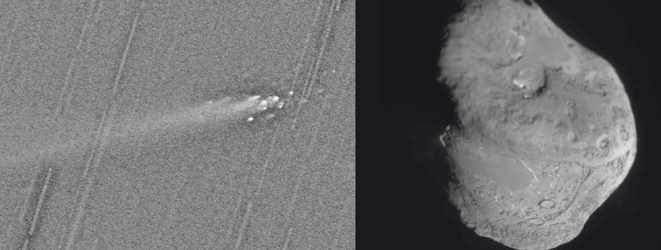 Izquierda: fragmentación del núcleo del cometa C/1999 S4 (Linear)(ESO). Derecha: imagen del núcleo del cometaTempel 1 fotografiado por la sonda Deep Impact (NASA)