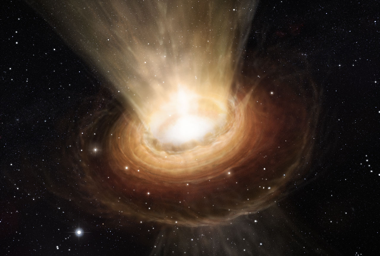 ¿Puede un agujero negro supermasivo regular el crecimiento de una galaxia entera? Impresión artística del entorno del agujero negro en la galaxia activa NGC 3783. Crédito: ESO/M. Kornmesser