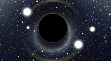 Si pudiéramos aproximarnos al agujero negro en el centro de nuestra galaxia veríamos algo similar a esta imagen generada por ordenador. El campo gravitatorio es tan intenso que la luz de estrellas cercanas se curva provocando distorsiones visuales. Dado que nada que atraviese el horizonte de sucesos puede escapar, ni siquiera la luz, el interior aparece completamente negro. Crédito: Alain Riazuelo.