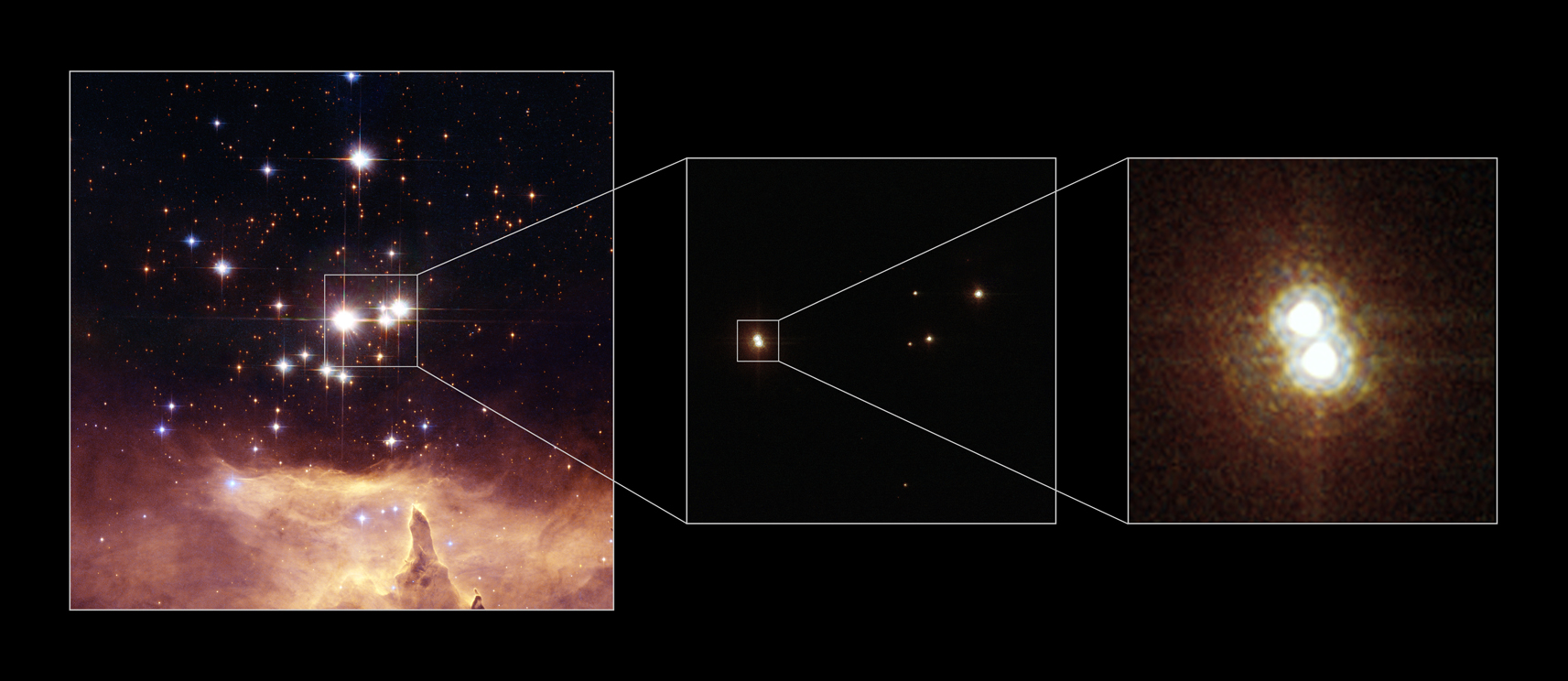 La estrella Pismis 24-1, un sistema múltiple de estrellas masivas. A principios de este siglo se estimó que su masa estaba entre 210 y 291 veces la del Sol. Observaciones más recientes muestran Pismis 24-1 como dos fuentes puntuales claramente separadas. Además, una de las dos fuentes puntuales es en realidad un sistema de dos estrellas, elevando el número total a tres. Las masas (una vez resuelto el sistema en tres componentes) resultan ser de ~96, ~64 y ~64 masas solares, valores elevados pero muy inferiores a la estimación anterior. Fuente: NASA, ESA y Jesús Maíz (IAA).
