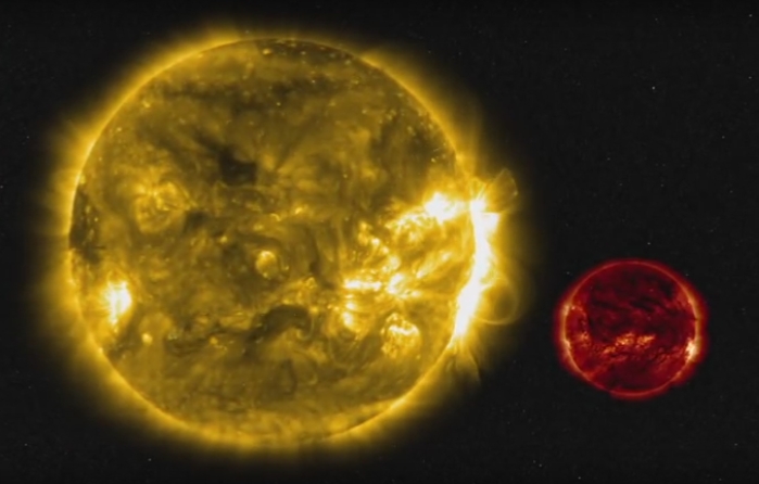 Comparación de tamaños entre el Sol y una enana roja (NASA).
