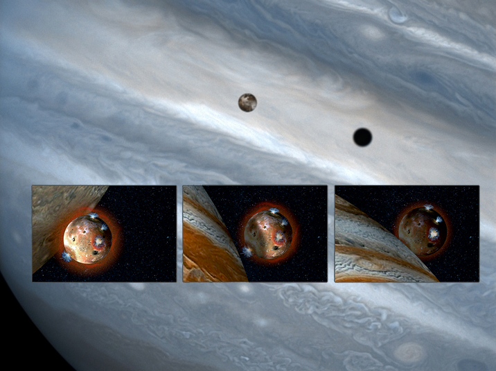 De fondo, Júpiter e Ío, fotografiados por el telescopio espacial Hubble. Fuente: J. Spencer (Lowell Observatory) y NASA/ESA. Arriba, concepción artística de Ío antes de comenzar un eclipse y después, con la atmósfera ya colapsada.  Fuente: Southwest Research Institute. 