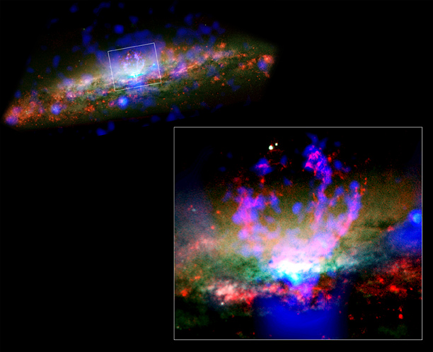 Superviento posiblemente generado por el agujero negro supermasivo en el centro de la galaxia activa NGC 3079. Crédito: NASA/CXC/STScI/U.North Carolina/ G.Cecil.