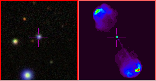 Izda: imagen en óptico de 3C47, uno de los primeros cuásares descubiertos. Se trataba de un objeto de apariencia estelar en el óptico pero con una emisión muy intensa en radio (de ahí el nombre original de cuásar, que procede de “quasi-stellar radio source”). Derecha: imagen en dos dimensiones de la emisión en radiofrecuencias de 3C47, donde se aprecia la estructura bilobulada y muy extendida. Menos del 10% de los cuásares conocidos presentan este tipo de emisión.