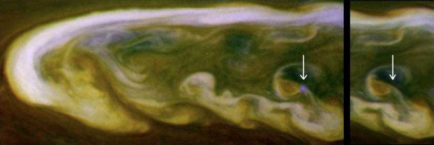 Arriba: Imagen en falso color de rayos en la atmósfera de Saturno tomada por la misión Cassini (NASA). Debajo: Concepciones artísticas de las misiones Akatsuki (JAXA) y ExoMars (ESA), con destino a Venus y Marte respectivamente.