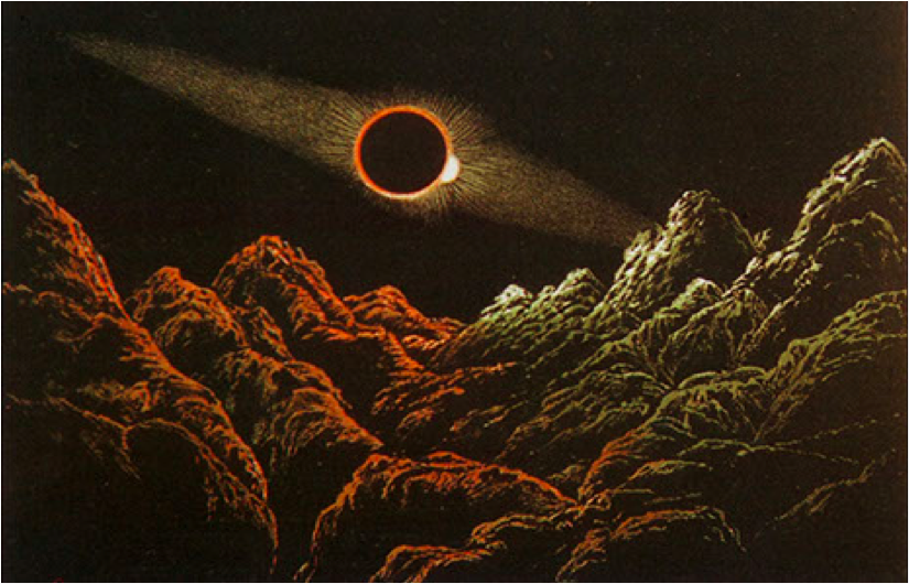  El Sol eclipsado por la Tierra visto desde la Luna. Ilustración de James Nasmyth.