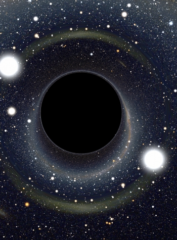 Si pudiéramos aproximarnos al agujero negro en el centro de nuestra galaxia veríamos algo similar a esta imagen generada por ordenador. El campo gravitatorio es tan intenso que la luz de estrellas cercanas se curva provocando distorsiones visuales. Dado que nada que atraviese el horizonte de sucesos puede escapar, ni siquiera la luz, el interior aparece completamente negro. Crédito: Alain Riazuelo.