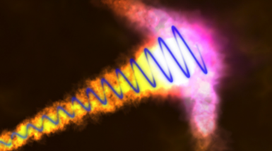 Recuadro superior izquierda (a): Imagen de GRB121024A -señalado con líneas discontinuas-. El destello corresponde a la explosión de una estrella aproximadamente hace once mil millones de años. cuando la edad del universo era solamente un tercio del actual. Recuadro general (b): Reproducción artística de GRB121024A, donde se observan los chorros emergiendo de la estrella moribunda, en el centro de la que se formaría un agujero negro. La onda azul que se propaga por el chorro representa la polarización circul